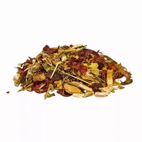 High-quality loose leaves of Nature's Army herbal tea showcasing a vibrant blend of echinacea, rosehip, and wild Greek herbs.
