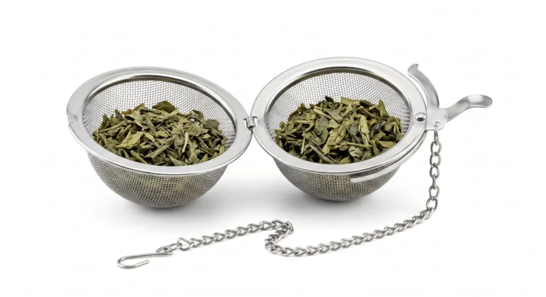 Stainless steel tea infuser ball with chain filled with loose leaf green tea