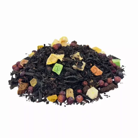 A rich and colorful loose-leaf mixture of Forest Sparkle tea, showcasing dried wild berries, dark currants, and premium botanicals.
