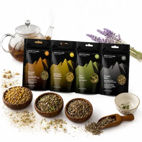 Luxurious Ultimate The Calm Ritual Box gift set showcasing four premium herbal tea packs (Relaxing Sunset, Chamomile, Linden, Calming Moon) elegantly arranged.