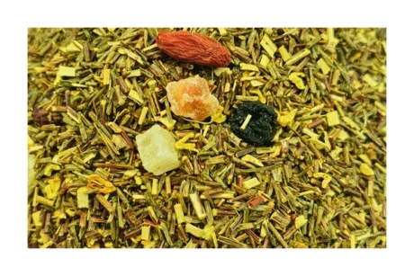Χύμα μείγμα τσαγιού Exotic Nectar Renteana με κομμάτια μάνγκο, ανανά, παπάγιας, goji berries, κράνμπερι και άνθη όσμανθου. Loose leaf Exotic Nectar rooibos tea blend with dried mango, pineapple, papaya, goji berries, and osmanthus flowers.
