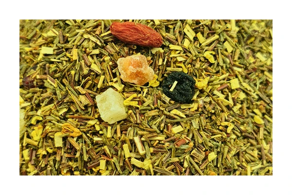 Χύμα μείγμα τσαγιού Exotic Nectar Renteana με κομμάτια μάνγκο, ανανά, παπάγιας, goji berries, κράνμπερι και άνθη όσμανθου. Loose leaf Exotic Nectar rooibos tea blend with dried mango, pineapple, papaya, goji berries, and osmanthus flowers.