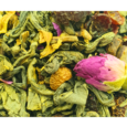 Χύμα μείγμα τσαγιού Floral Vitality Renteana με φύλλα πράσινου τσαγιού, ροδοπέταλα, κίτρινο ηλίανθο και γκουαρανά. Loose leaf Floral Vitality green tea with rose petals, sunflower, and guarana.